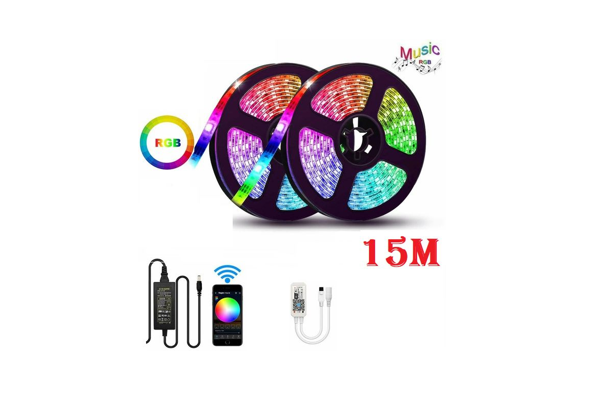 LED Strip Light RGB 15M showing power adapter included