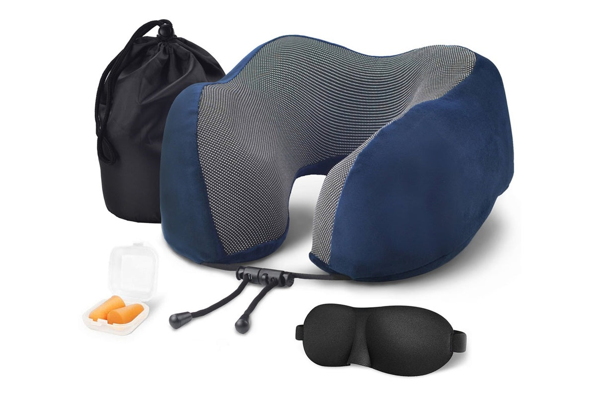 Travel pillow with eye mask and earmuffs