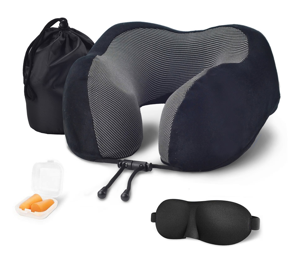 Blue travel pillow packaging and label