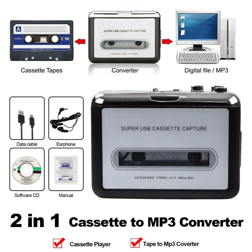 USB cassette player with earphones connected