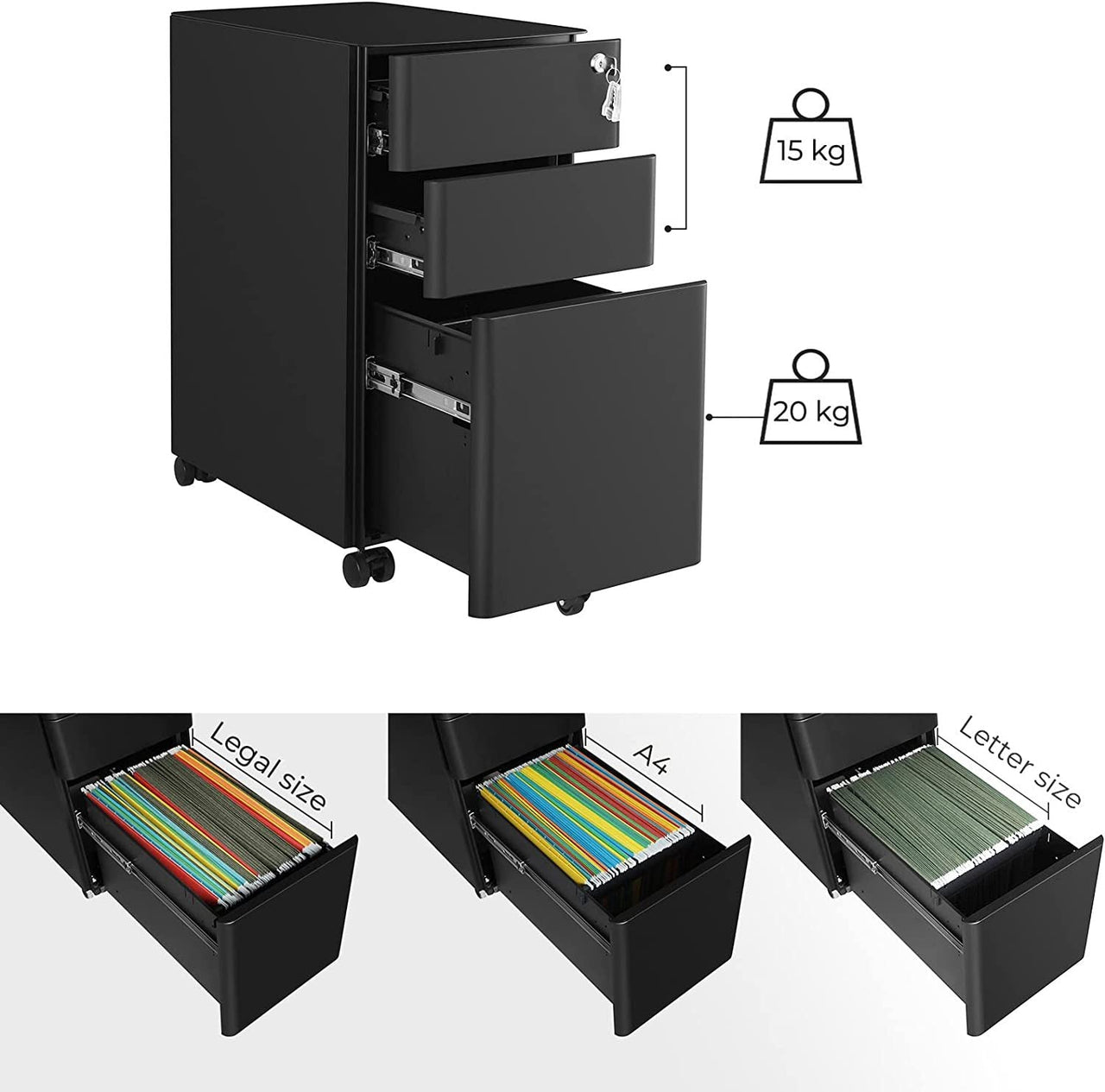 Office Filing Cabinet with Wheels, Lock File Organiser