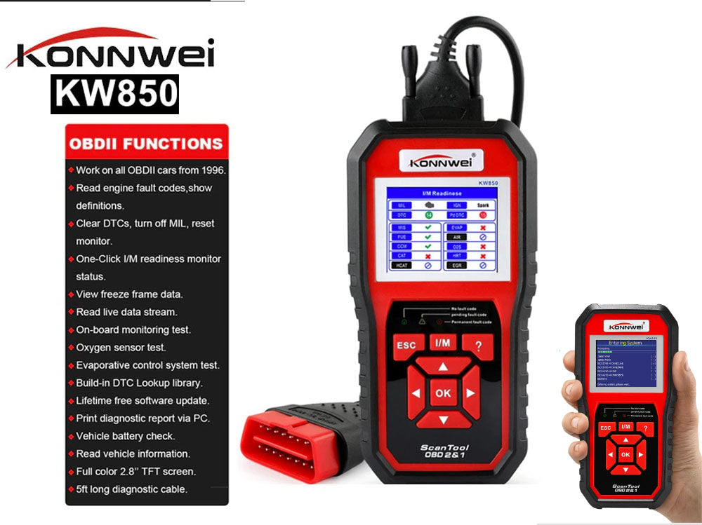 OBD2 cable connected to KW850 scanner