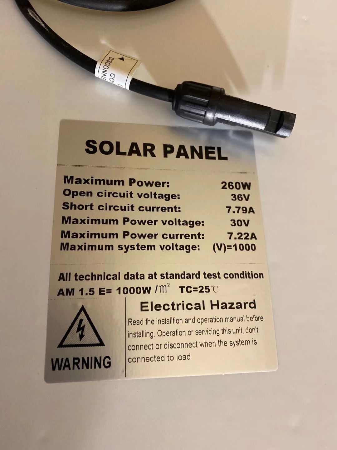 260W solar panel cable and MC4 connectors detail