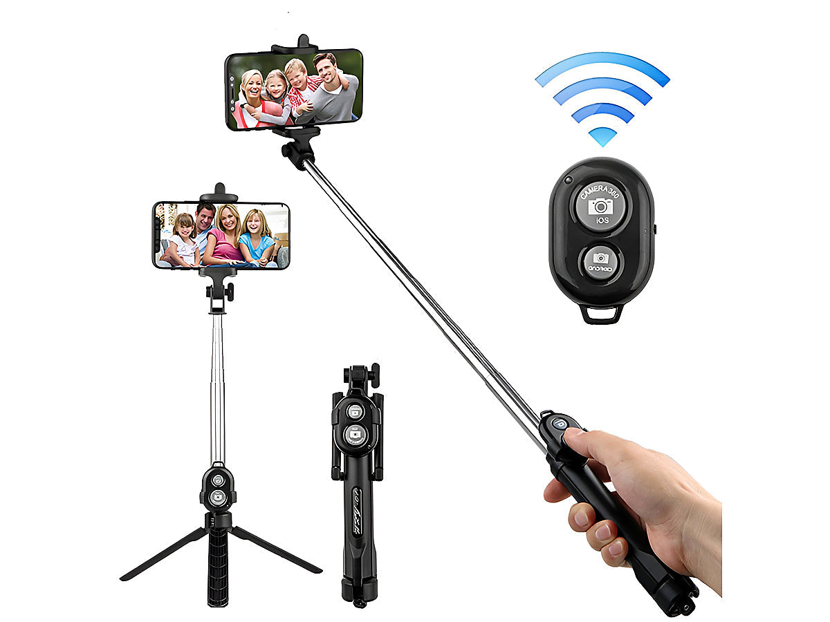 Foldable selfie stick Bluetooth extended length showing phone clip