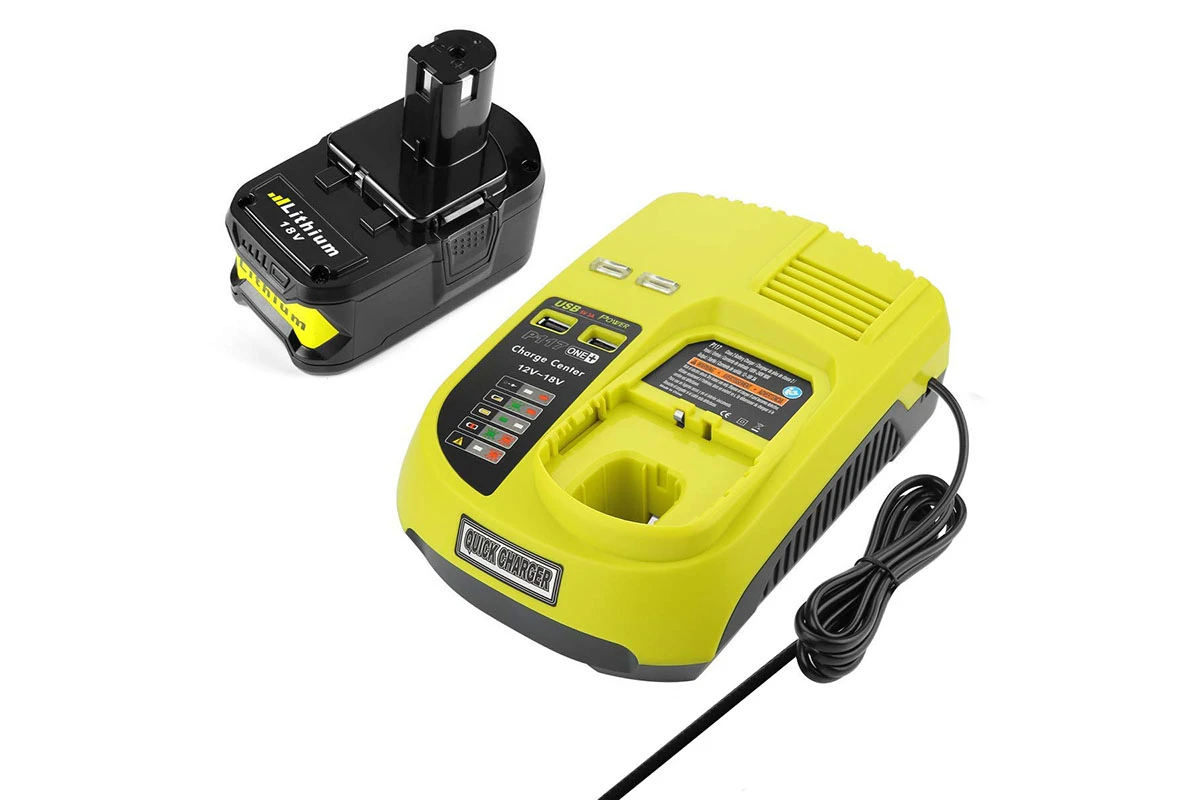 Close up of Ryobi lithium-ion battery