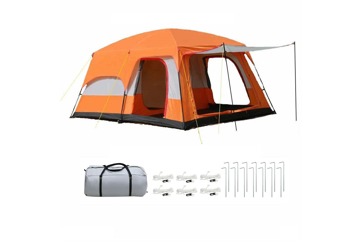 Orange camping tent ventilation and zipper detail