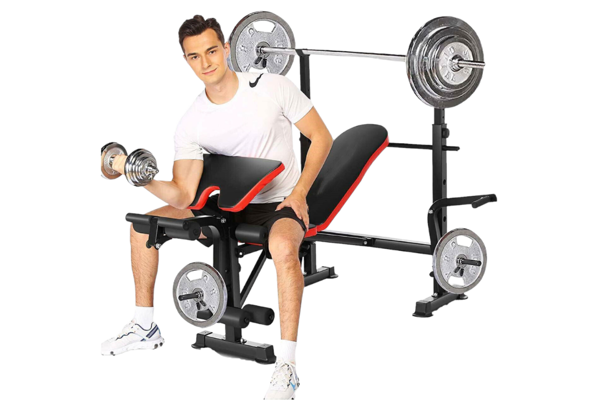 Weight bench set to incline position for chest exercises