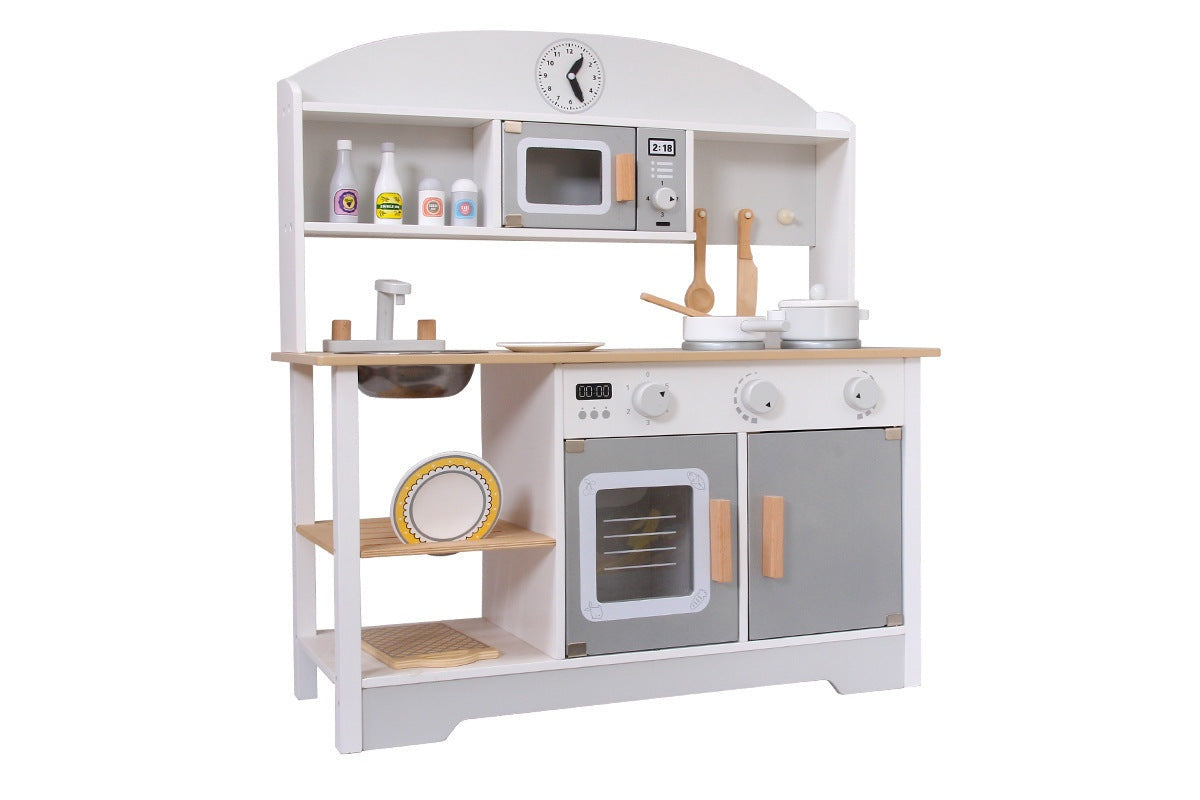Play kitchen with microwave and oven doors