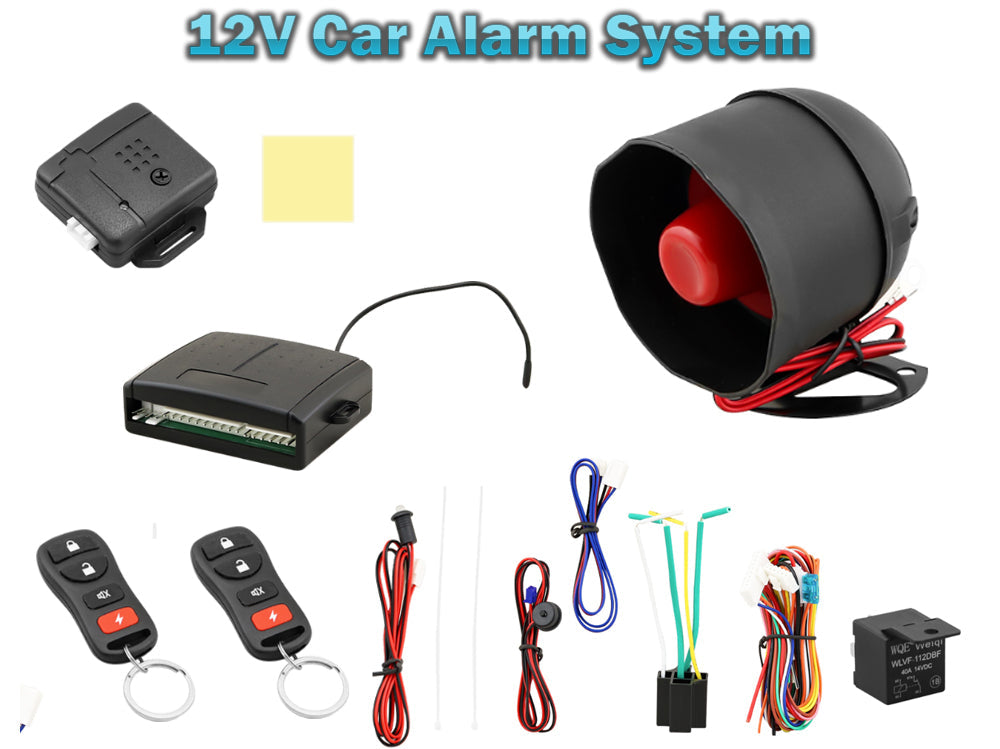 Car alarm system components laid out for installation
