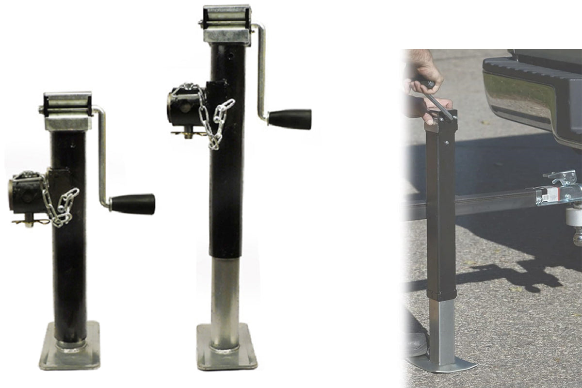 Side view of hand operated trailer jack with wheel
