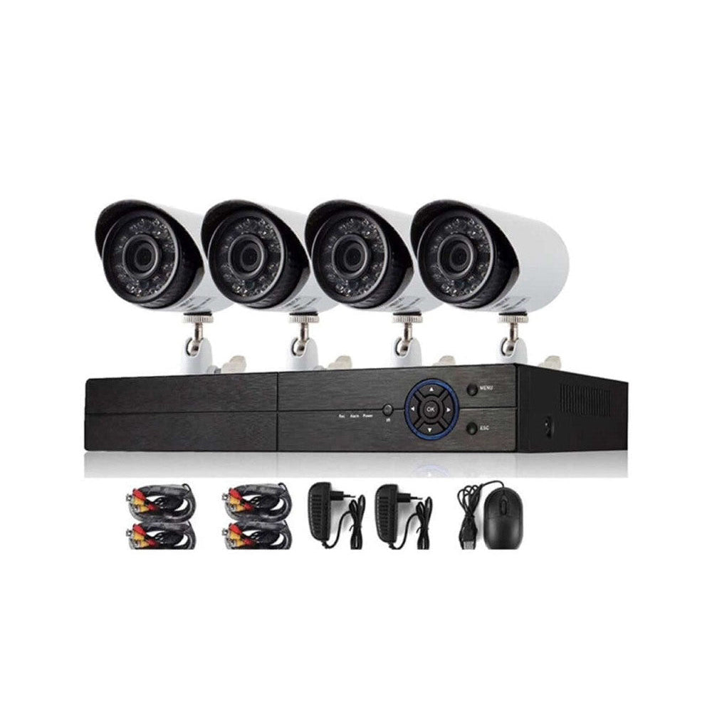 Four indoor-outdoor CCTV cameras mounted on wall