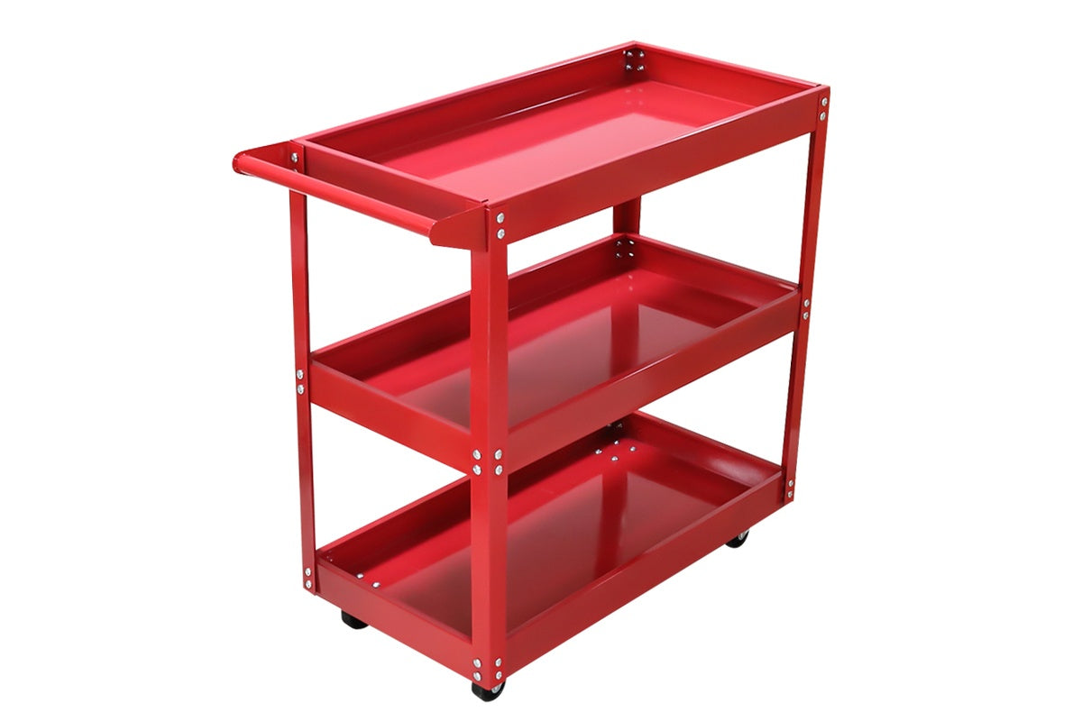 Three tiers of storage trays on tool cart trolley