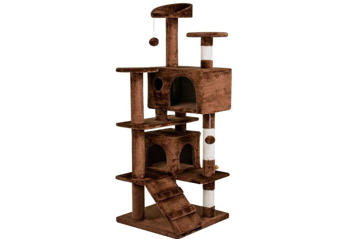 Replaceable fur balls hanging on cat tower in grey