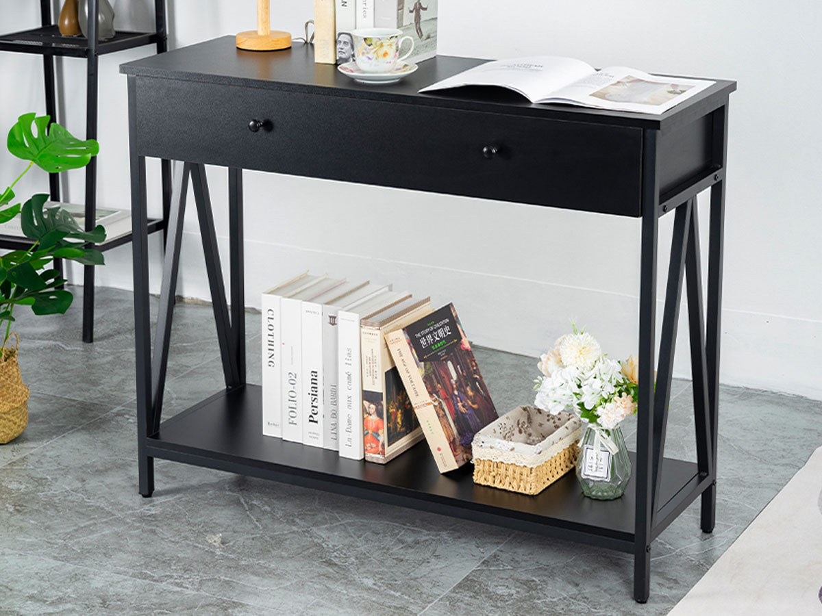Console table metal frame close-up