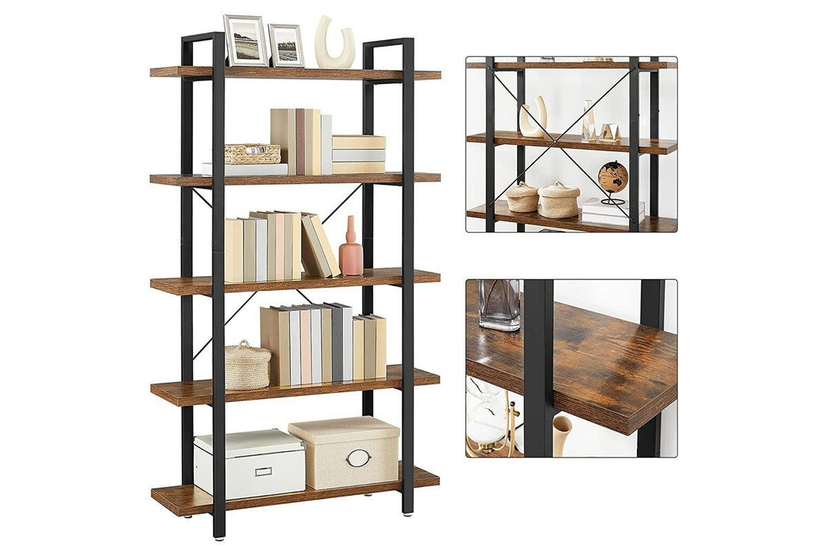 Bookshelf with wood shelves and steel frame