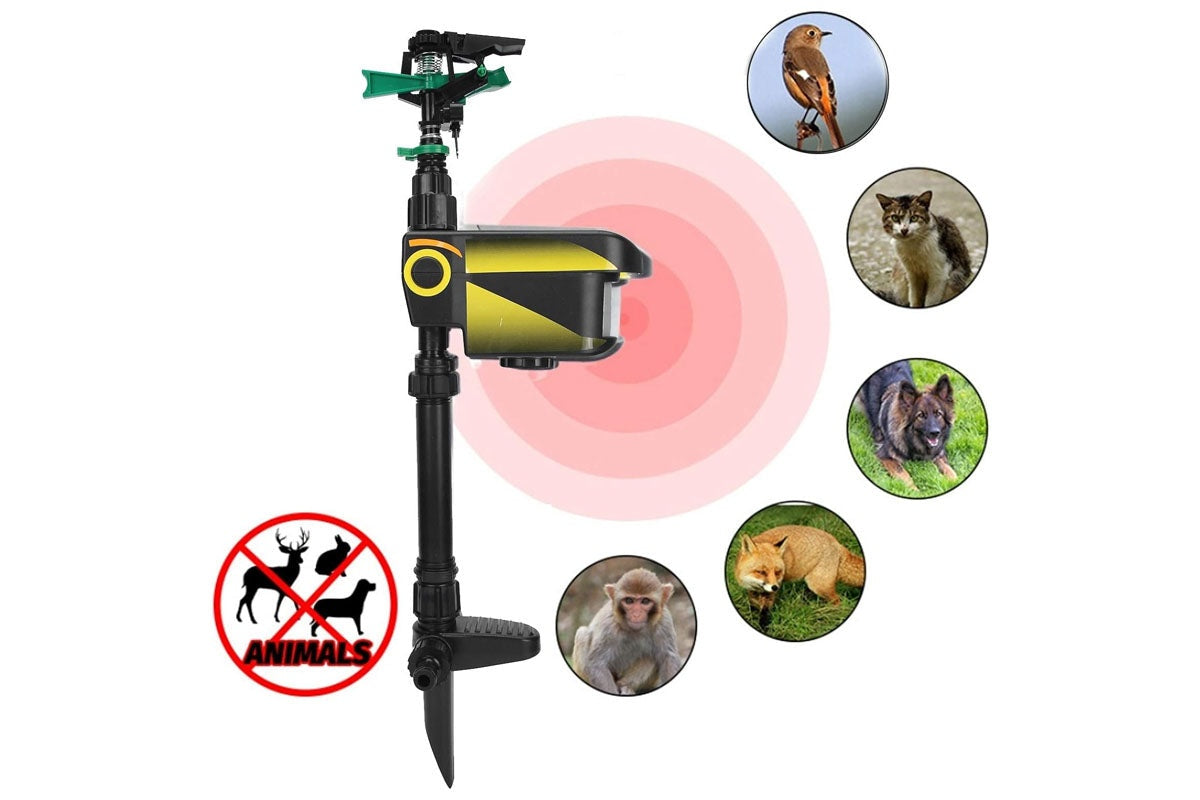 Solar panel on animal repellent water sprinkler