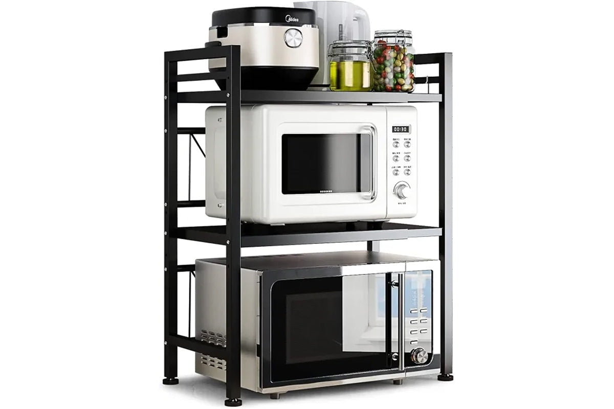 Shelf rack holding microwave and kitchen items