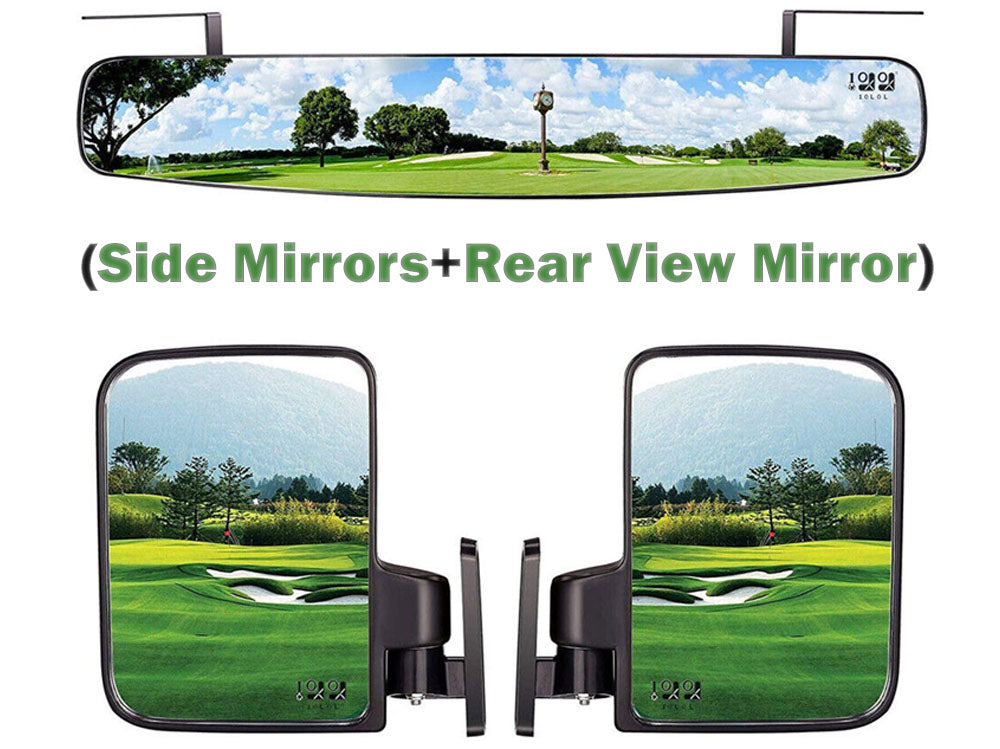 Close-up of golf cart side mirror with adjustable mount