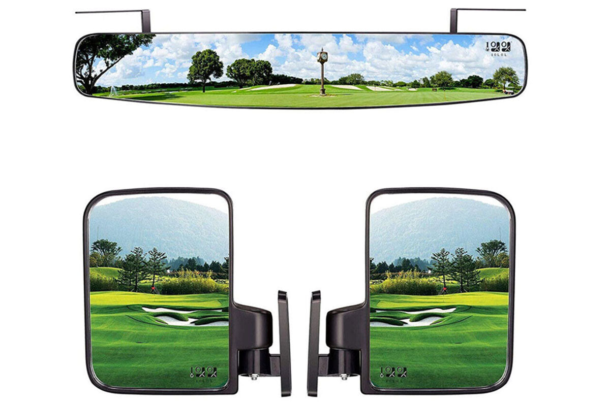Universal golf cart side mirrors and rear view mirror set