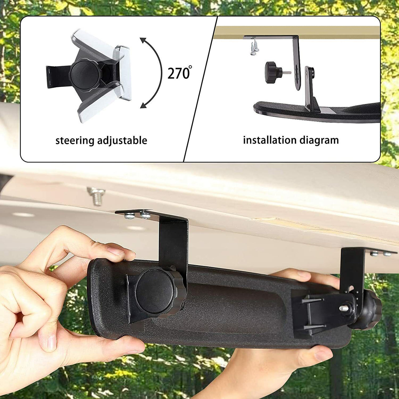 Golf cart rear view mirror with curved glass lens