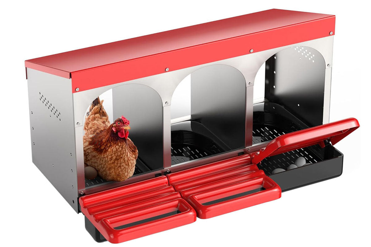 Nesting box chicken hen 3 compartment with red finish