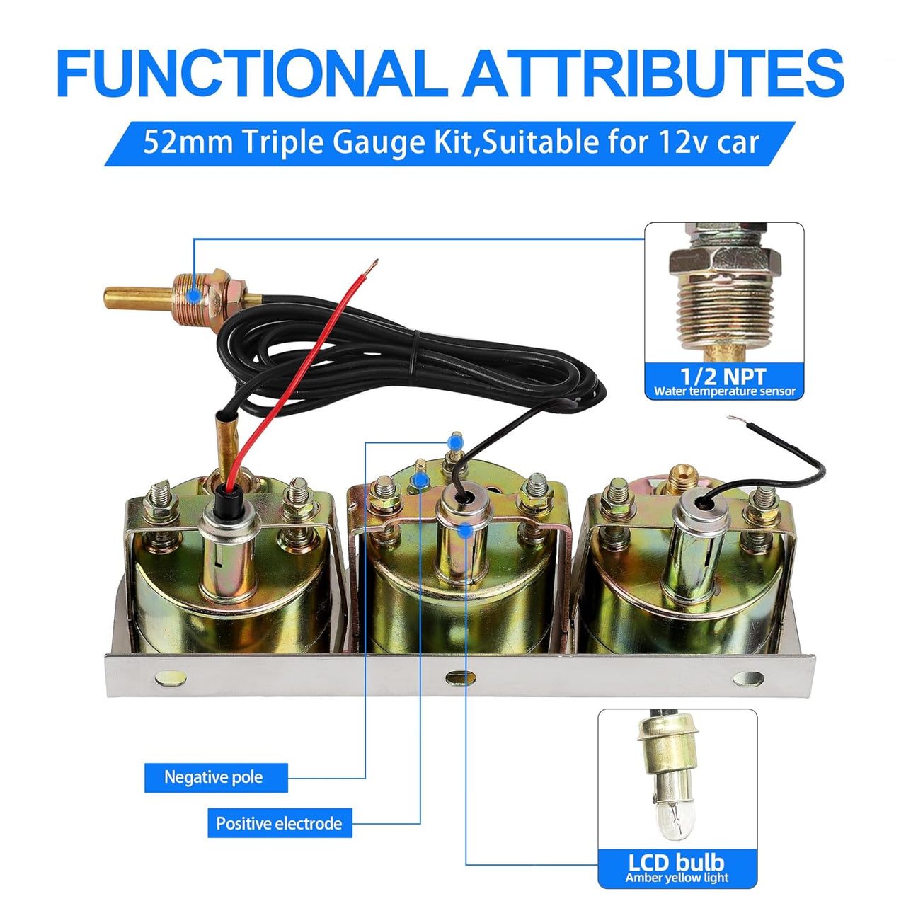 52mm Triple Kit Water Temperature Gauge Voltmeter Oil Pressure Gauge