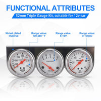 Thumbnail for 52mm Triple Kit Water Temperature Gauge Voltmeter Oil Pressure Gauge