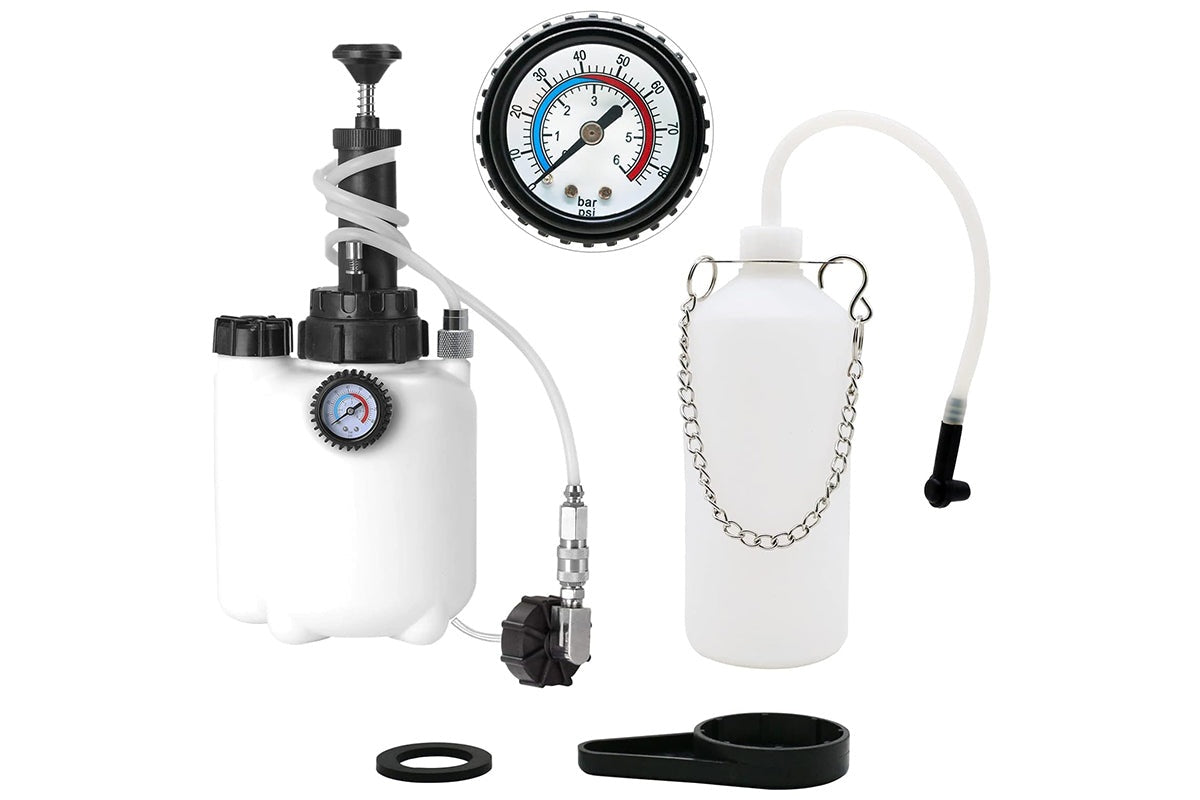 Brake fluid bleeder kit components laid out