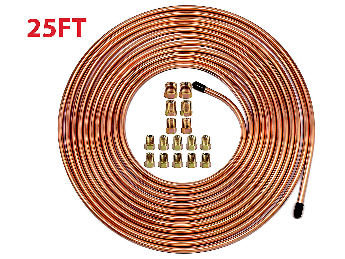 Brake Line Tubing Kit 3/16" OD 25 FT Coil Roll with Fittings