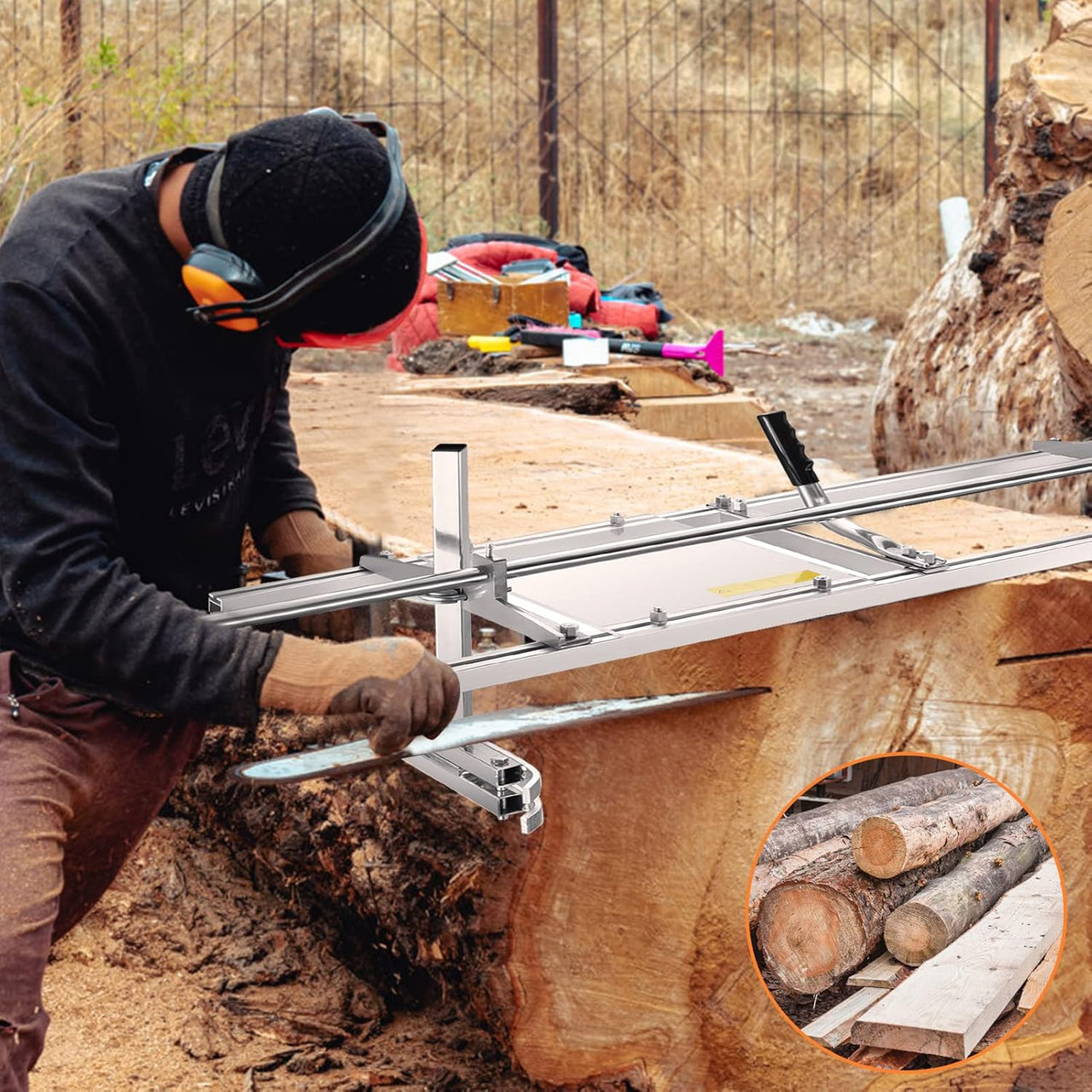 Chainsaw Mill cutting thick log with precise control