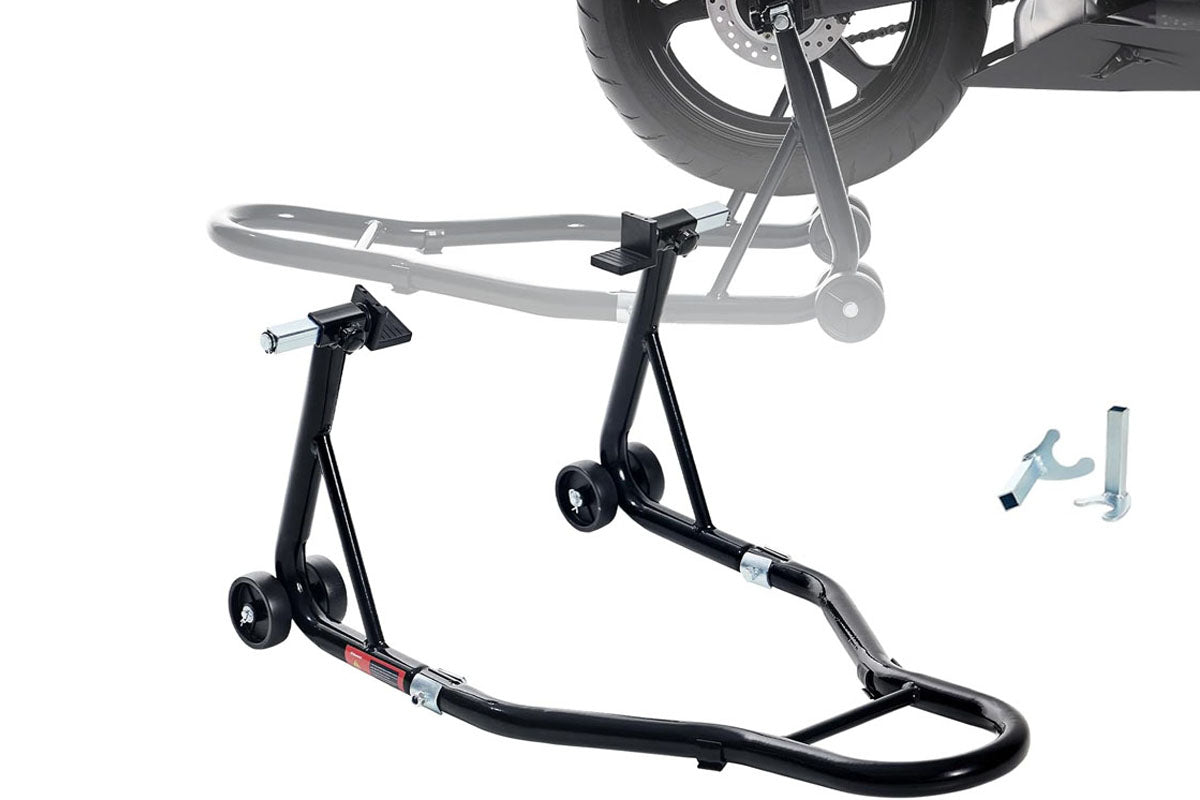 Close-up of heavy-duty steel frame on motorcycle stand