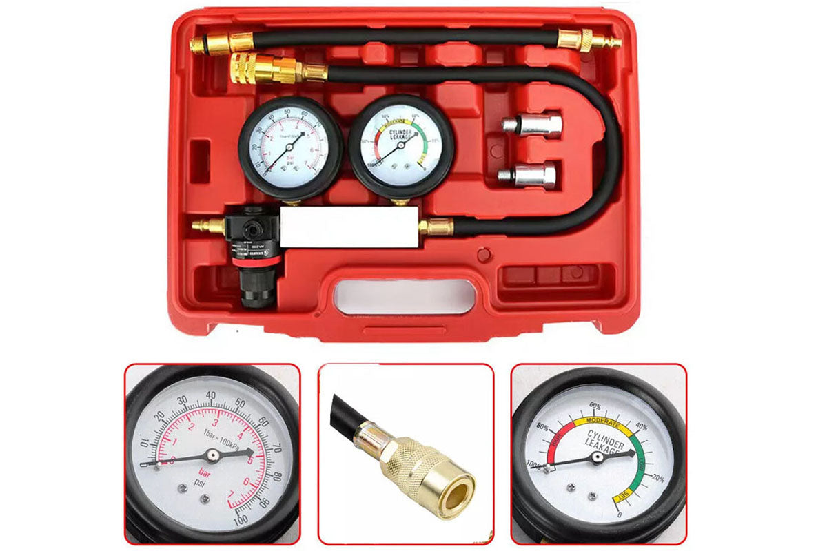 Engine cylinder leak tester kit with gauge
