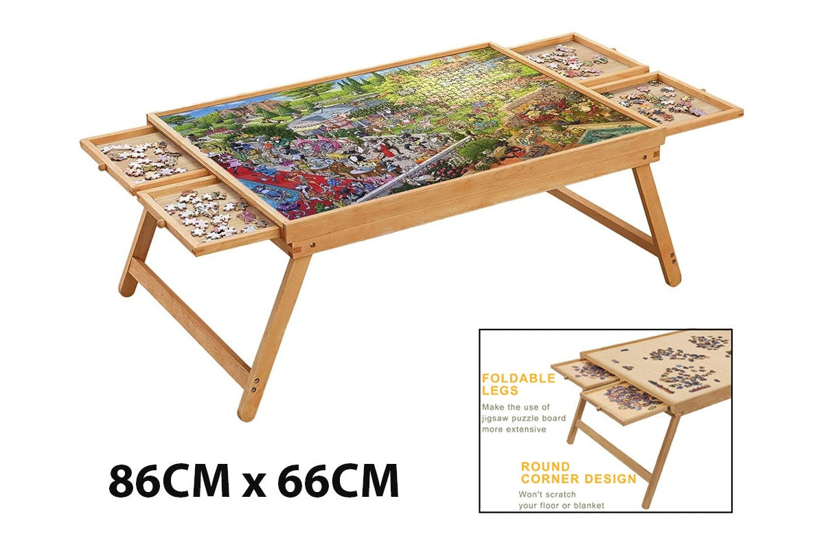 Puzzle table with folding legs for easy storage