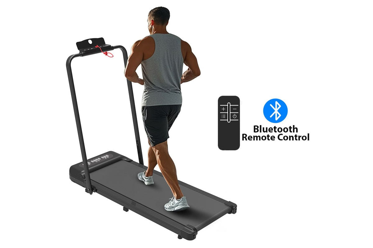 Side view of treadmill folded for storage