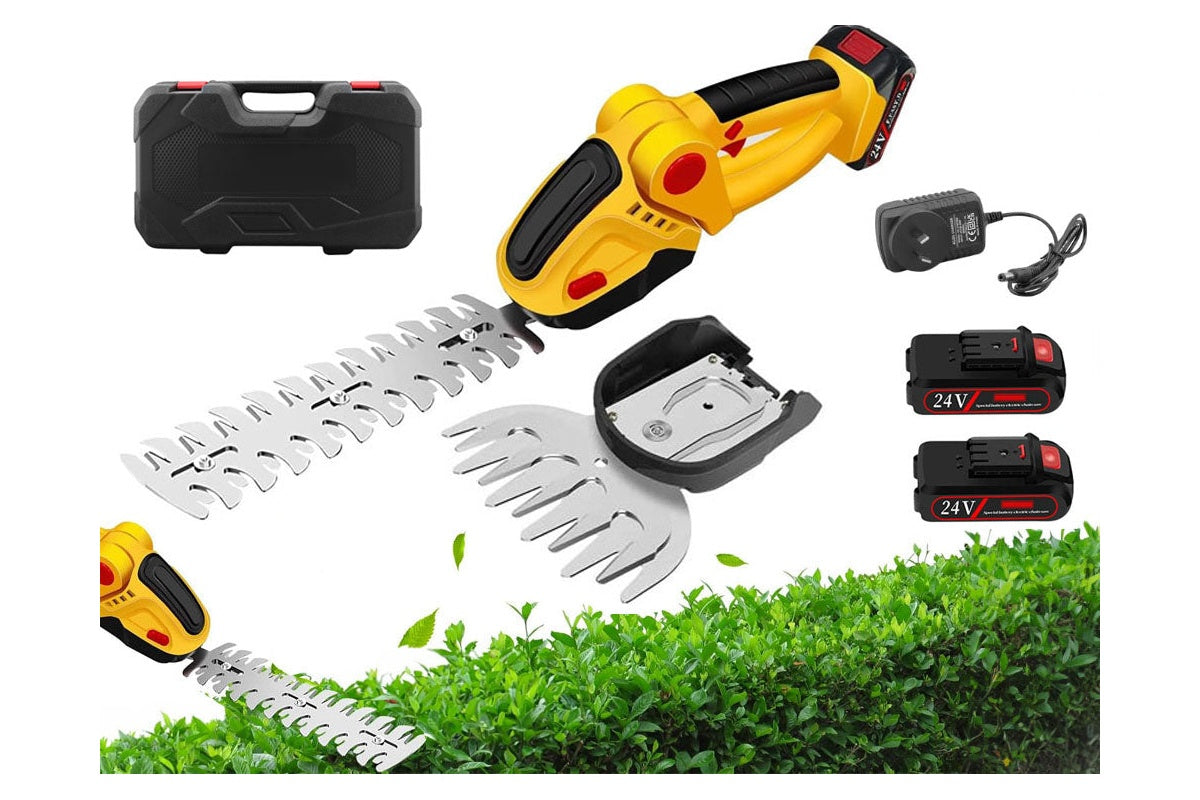 Close-up of 24V lithium battery pack on hedge trimmer