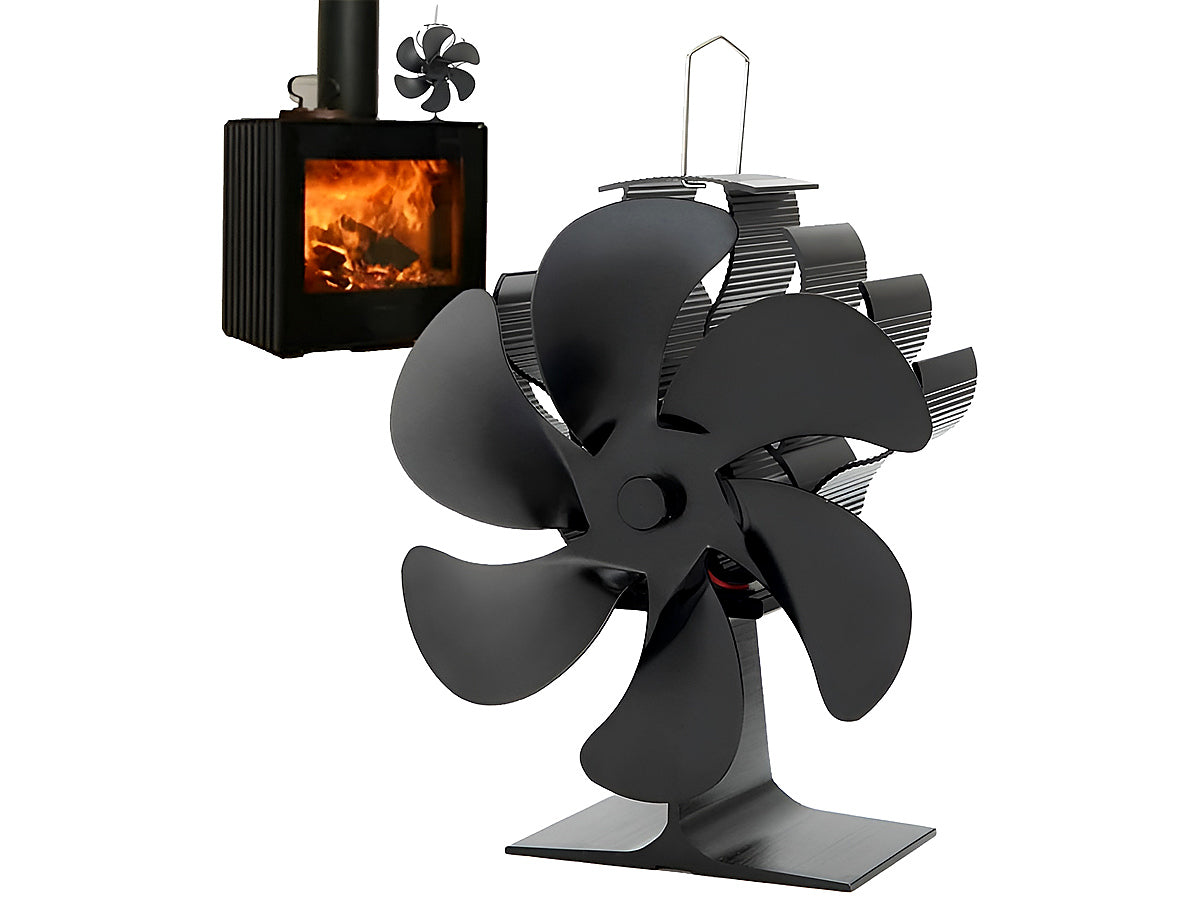 Black aluminium stove fan with spiral blade design