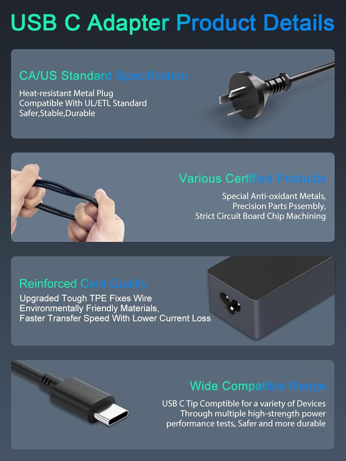 65W Lenovo Laptop Charger Type C for Lenovo Yoga and ThinkPad Series Replacement USB C Lenovo Laptop Charger 65W