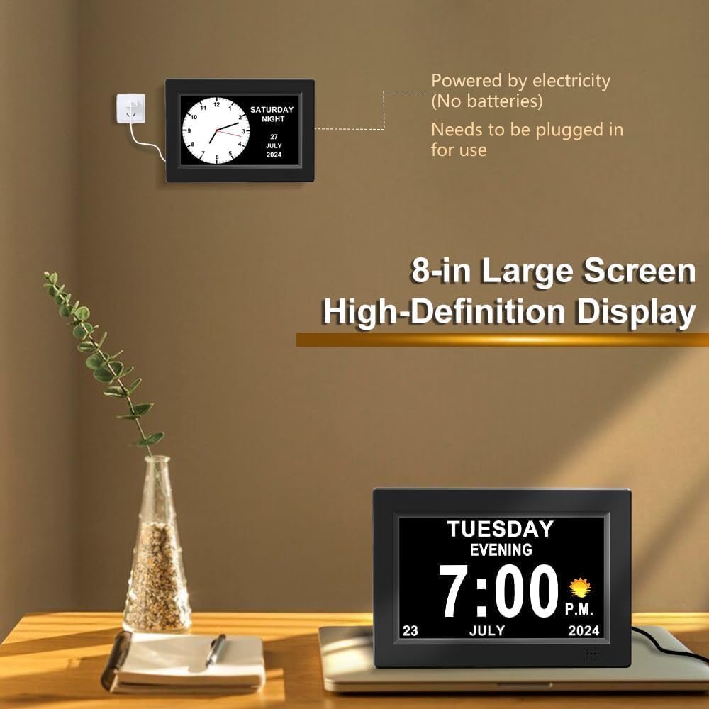 8inch LED Dementia Digital Calendar Clock Alarm Extra Large Day/Week/Month/Year