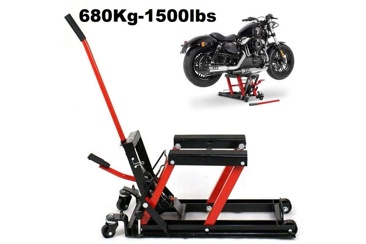 Hydraulic lifter jack showing sturdy wheels and guide rod