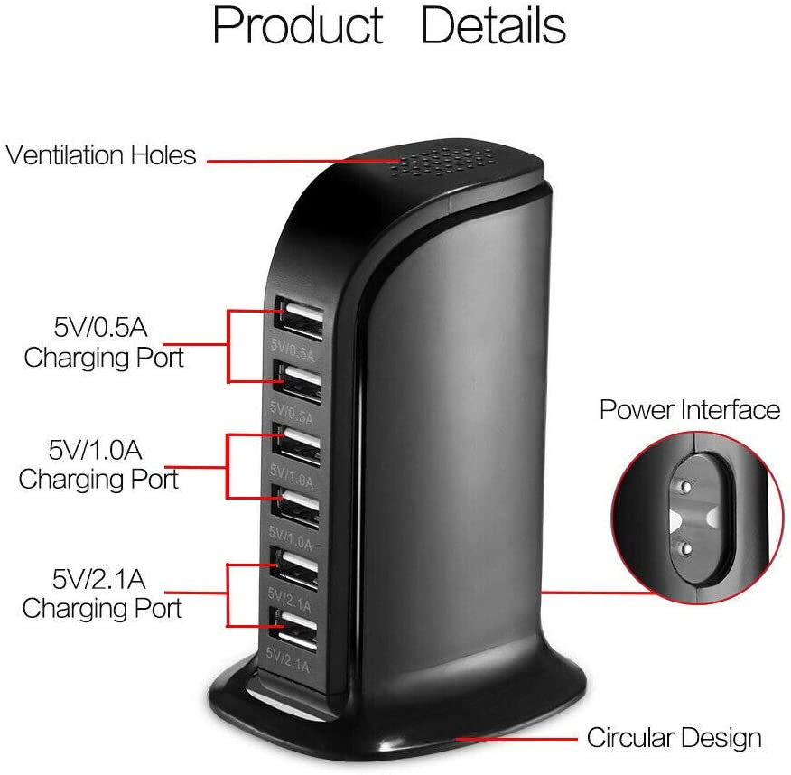 USB Charger 6 USB Tower 30W Multi 6-Port Desktop Travel Hub Usb Charger Block Tower Charging Station Power Adapter - The Shopsite
