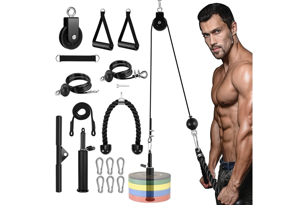 Side view of Fitness Lift Pulley System with lat pulldown bar