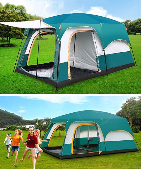 Double layer orange camping tent roof detail