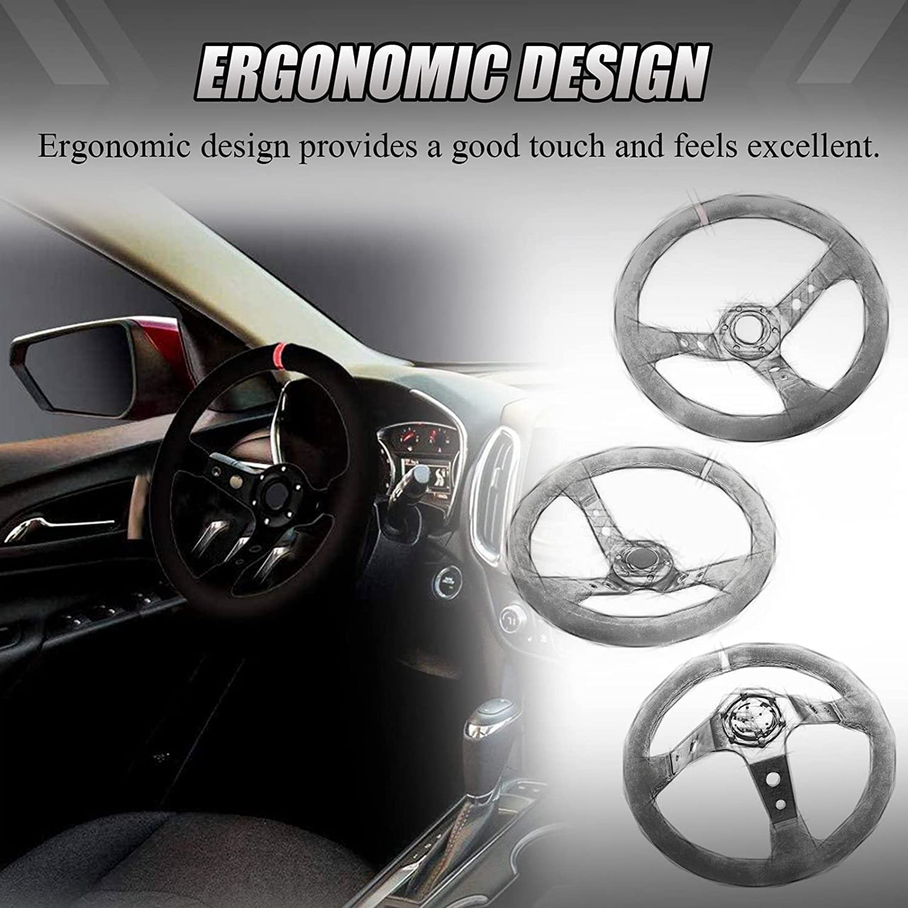 Steering wheel close-up of stitching and material