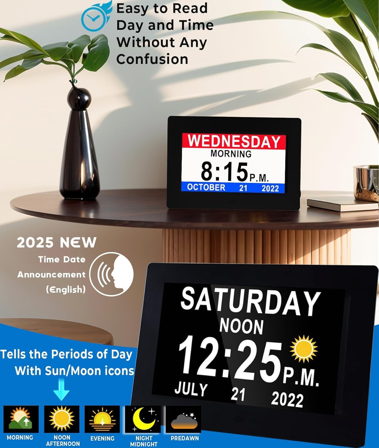 8inch LED Dementia Digital Calendar Clock Alarm Extra Large Day/Week/Month/Year