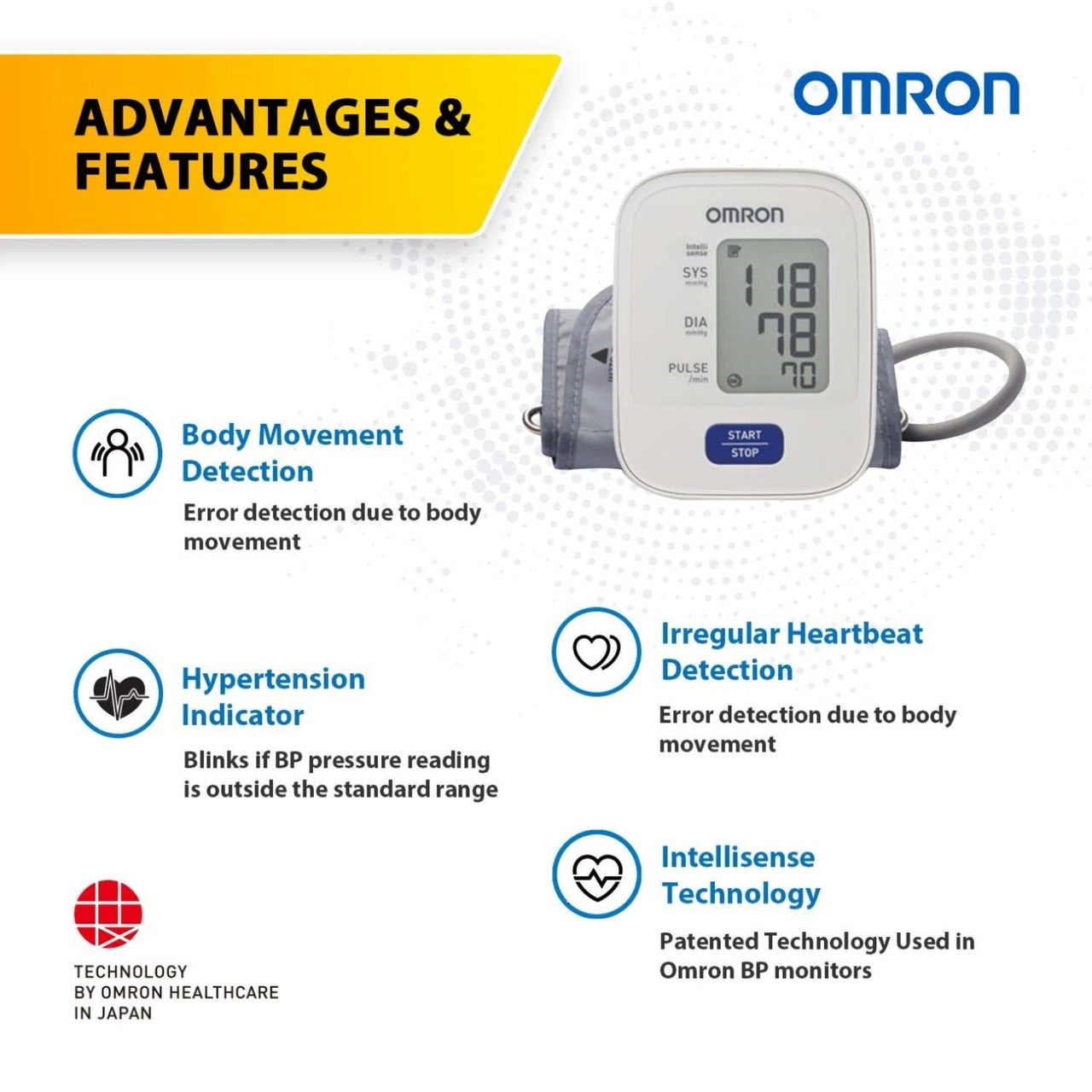 Omron HEM7120 Clinically Validated Upper Arm Automatic Blood Pressure Monitor – IntelliSense Technology, Simple Easy One-Touch Use, Irregular Heartbeat Detection and Cuff Wrap Guide