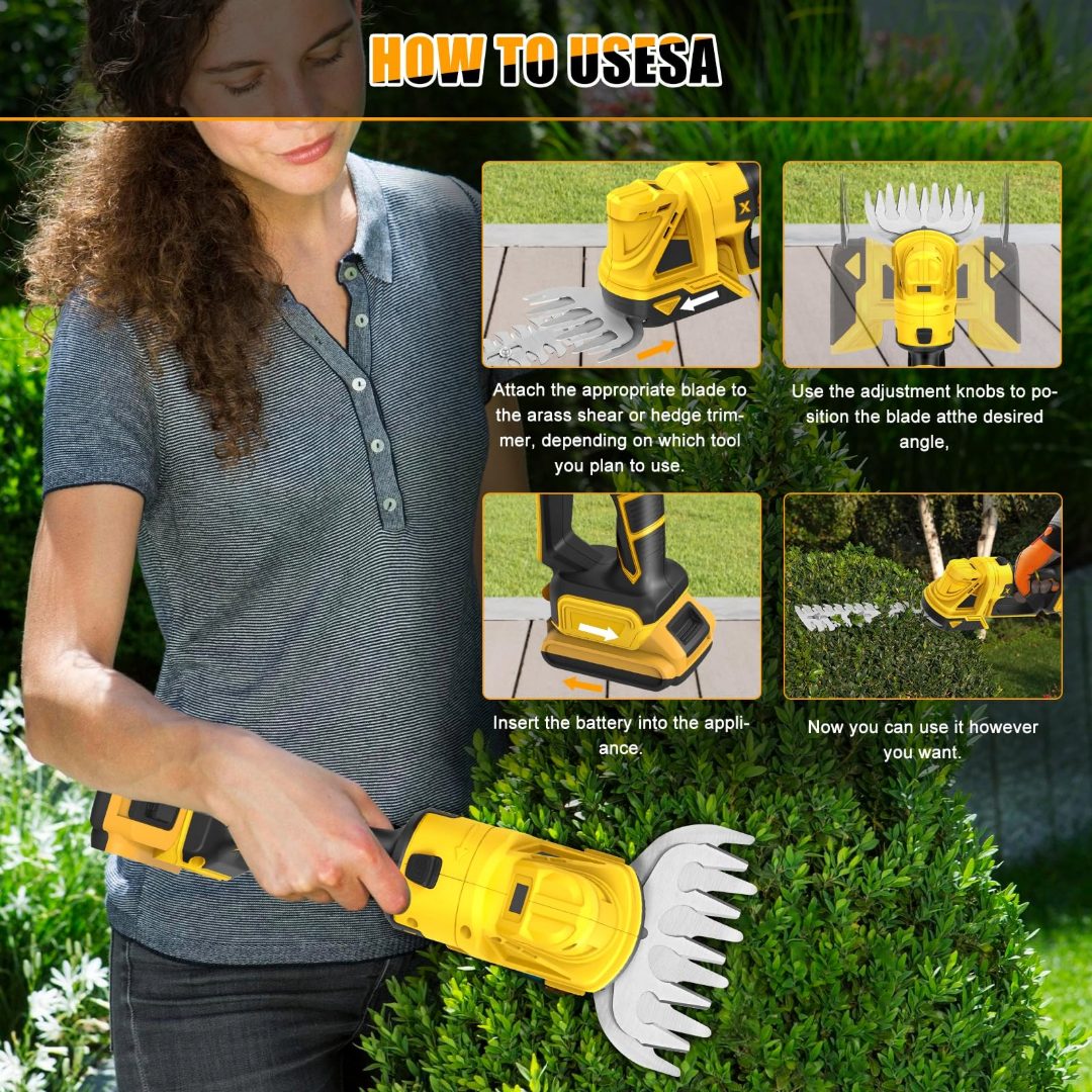 Cordless hedge trimmer showing battery pack installed