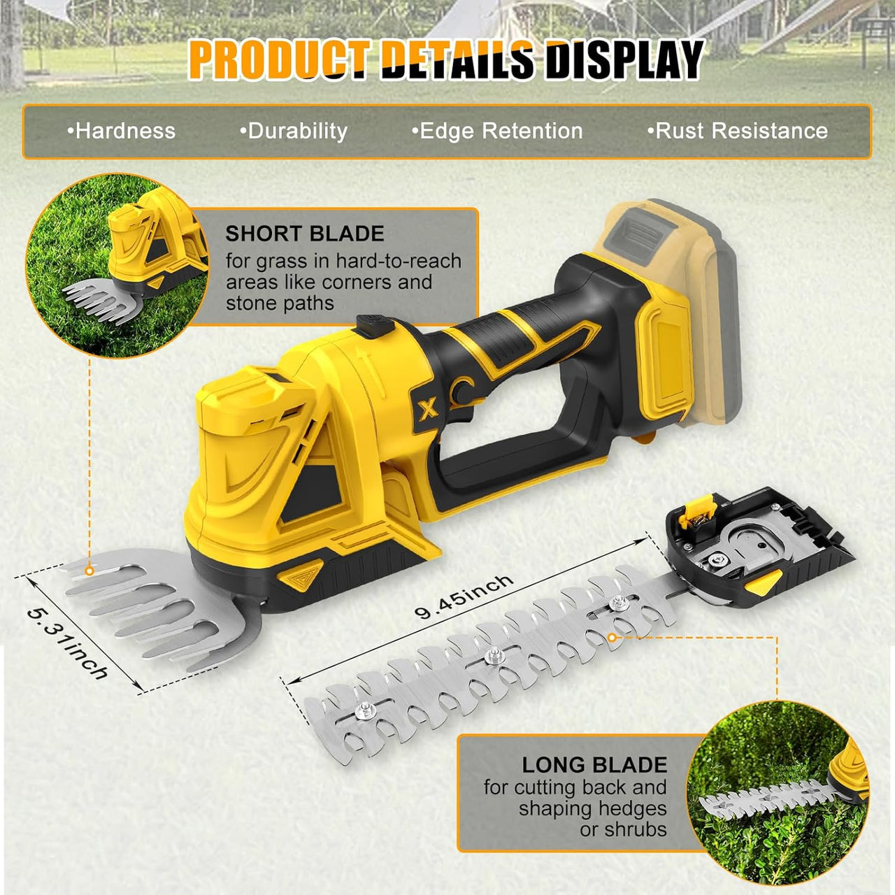 Cordless hedge trimmer with shrub blade attached