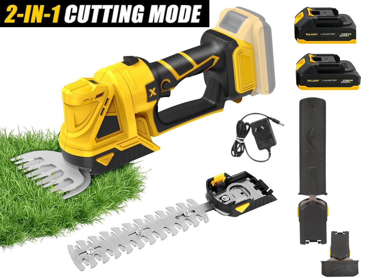 Close-up of sharp alloy steel blades on hedge trimmer