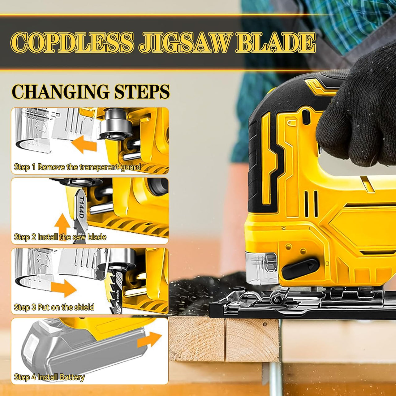 Cordless jigsaw bevel cutting angle set at 45 degrees