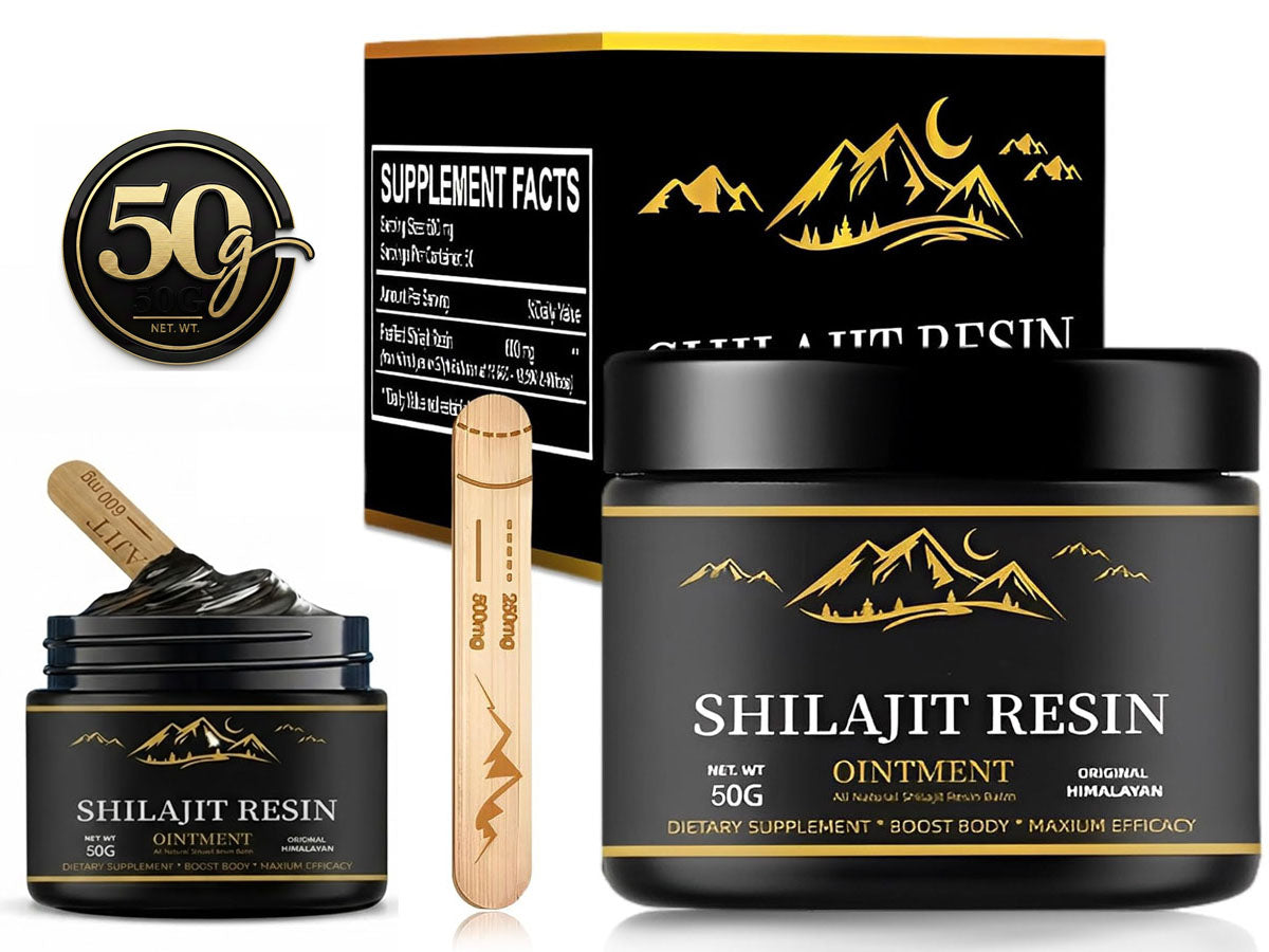 Jar of Shilajit resin on wooden surface